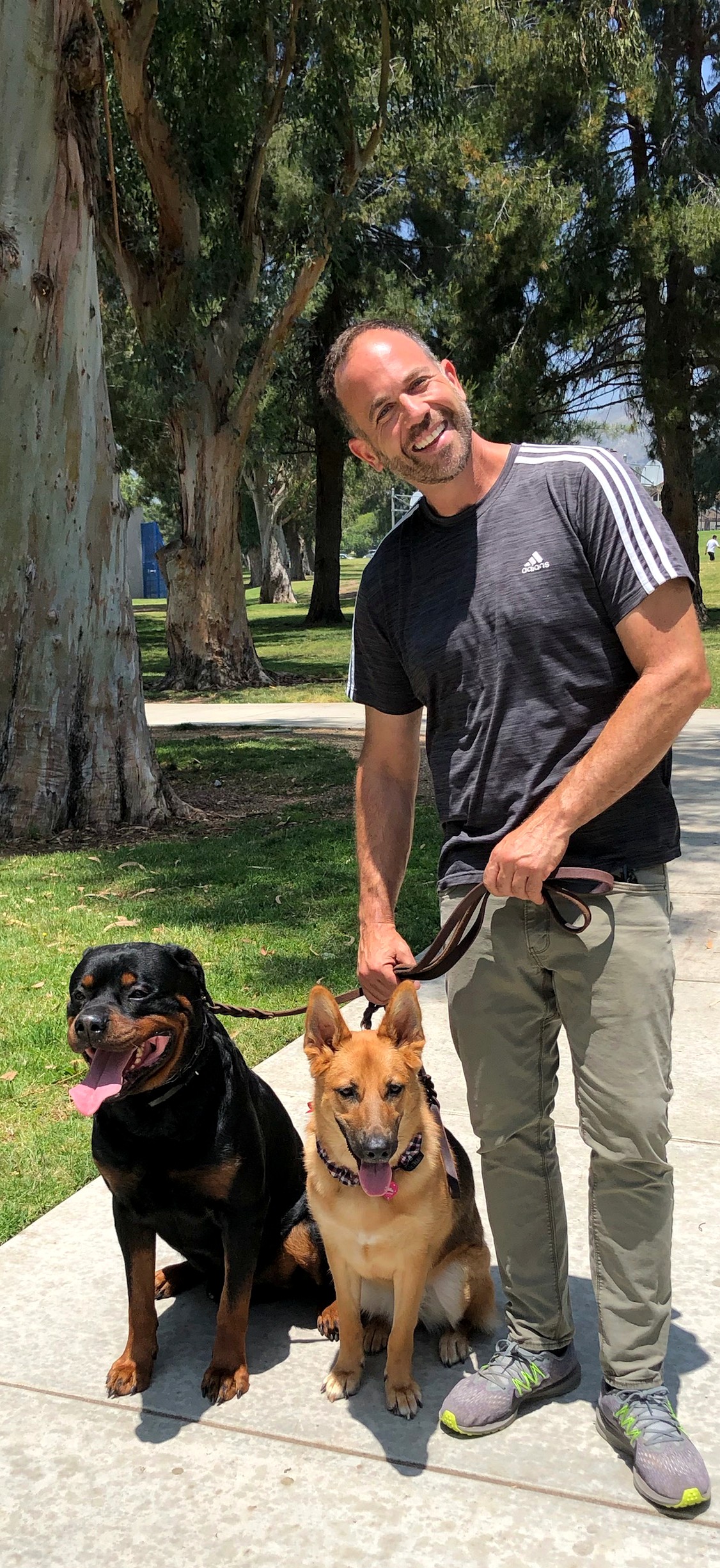 Brett Endes with a Rottweiler and a German Shepherd sitting on a loose leash at a park